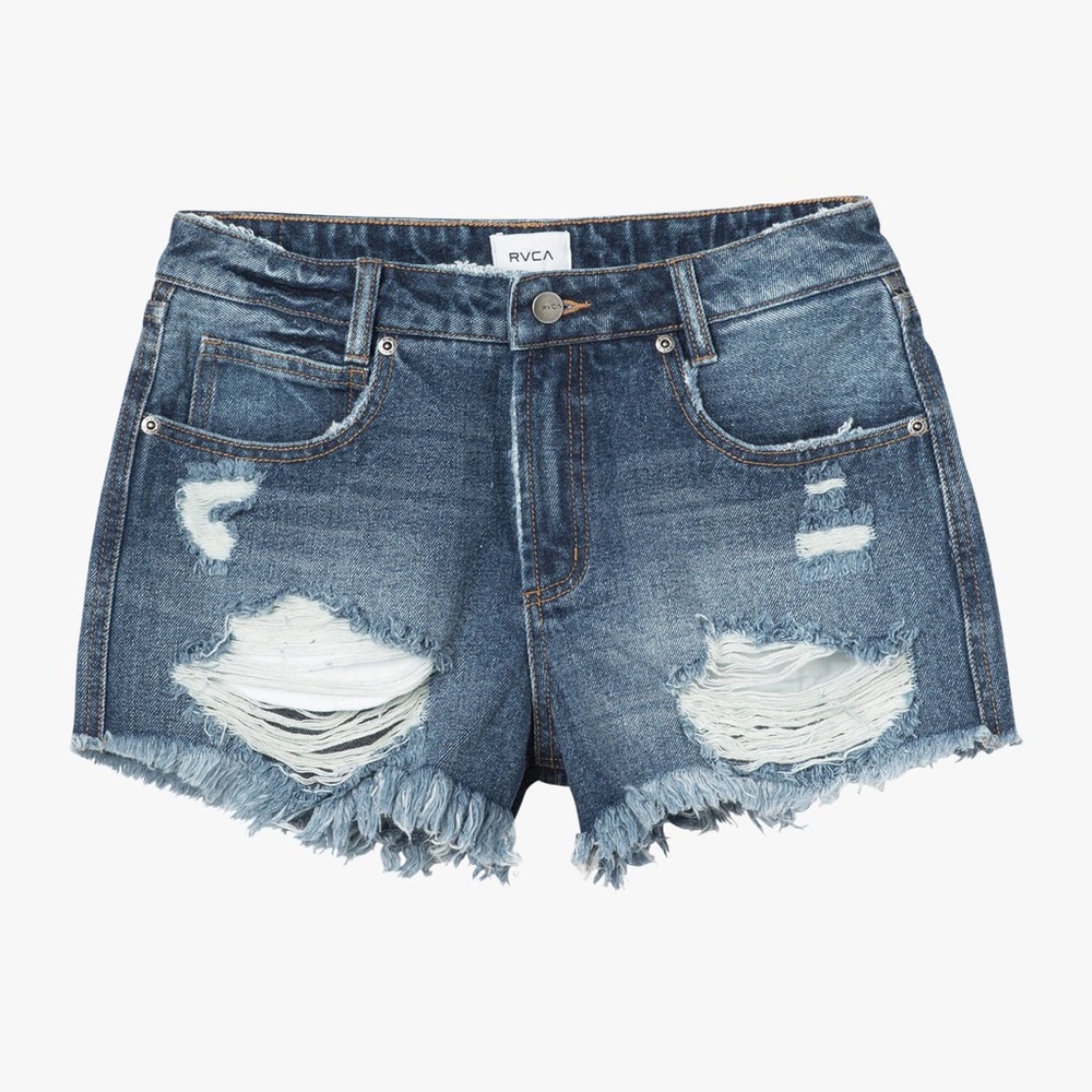 NWT RVCA The Boyfriend Denim Shorts in Medium Blue Summer Beach Distressed
